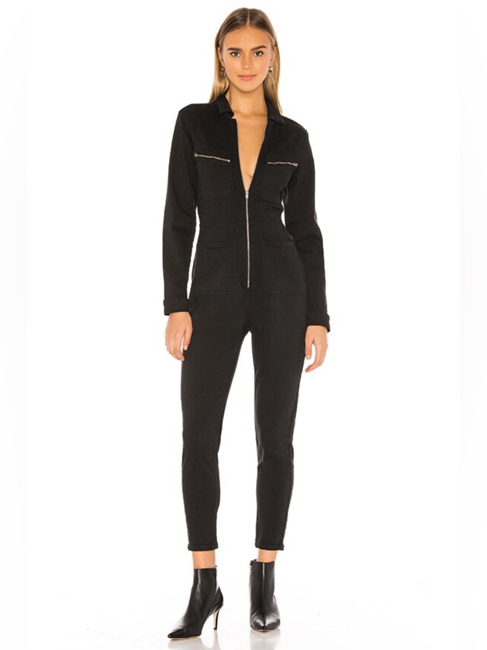Free People Black Faux Leather Utility Jumpsuit Zip Front Long Sleeve XS